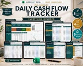 A desktop monitor shows a collage of eight Excel spreadsheet screenshots from the "Daily Cash Flow Tracker," including dashboard, transactions, and settings.