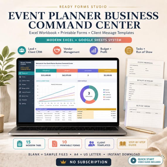 Event Planner Business Spreadsheet, Client CRM & Vendor Tracker for Google Sheets and Excel