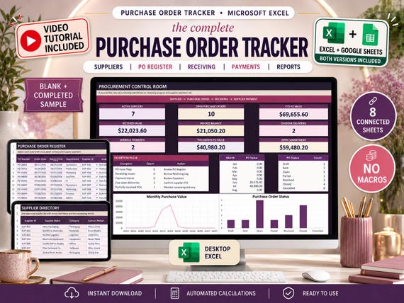Purchase Order Tracker | Excel Order Log, Receiving & Supplier Payment Tracker
