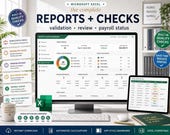 A desktop monitor and tablet show Excel reports and checks for payroll validation and status, with a plant and coffee cup on the desk.