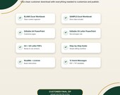 A list titled "WHAT'S INCLUDED" shows items like "BLANK Excel Workbook," "Editable A4 PowerPoint," and "12 Guest Messages" on a white background with green accents.