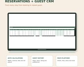 A laptop screen displays a spreadsheet with reservation details including guest names, check-in/out dates, and booking values, with feature descriptions below.