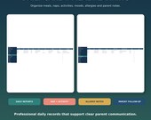 Two screenshots of a digital spreadsheet, one for daily reports and nap/activity logs, and the other for allergy notes and parent follow-up.