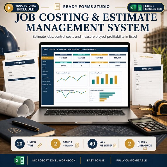 Job Costing Estimate Spreadsheet: Project Budget, Labor, Materials, Profit Dashboard (Excel)