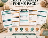 Five clipboards display various printable craft business forms including order intakes, quotes, production trackers, and invoices.