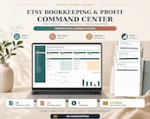 A laptop displays an Etsy bookkeeping dashboard, flanked by a plant and stacks of printed documents, with text overlays describing features.
