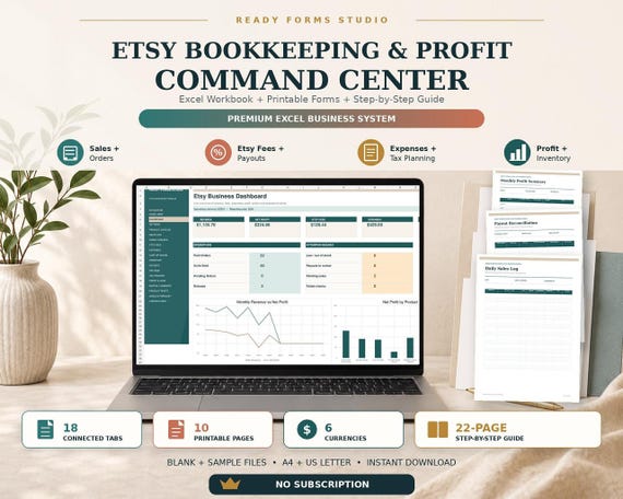 Etsy Bookkeeping Spreadsheet: Profit and Loss, Sales, Fees, Income and Expenses Tracker for Excel