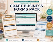 A laptop displays a "Customer & Order Intake" form, flanked by a clipboard with a "Quote & Cost Approval" form and a tablet showing an "Invoice" form, all on a wooden desk.