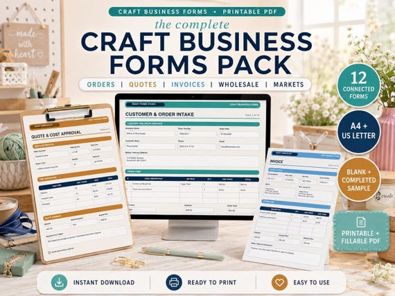 Craft Business Forms Pack: Printable Order Form, Invoice, Custom Request, Market Stock and Customer Templates (PDF)