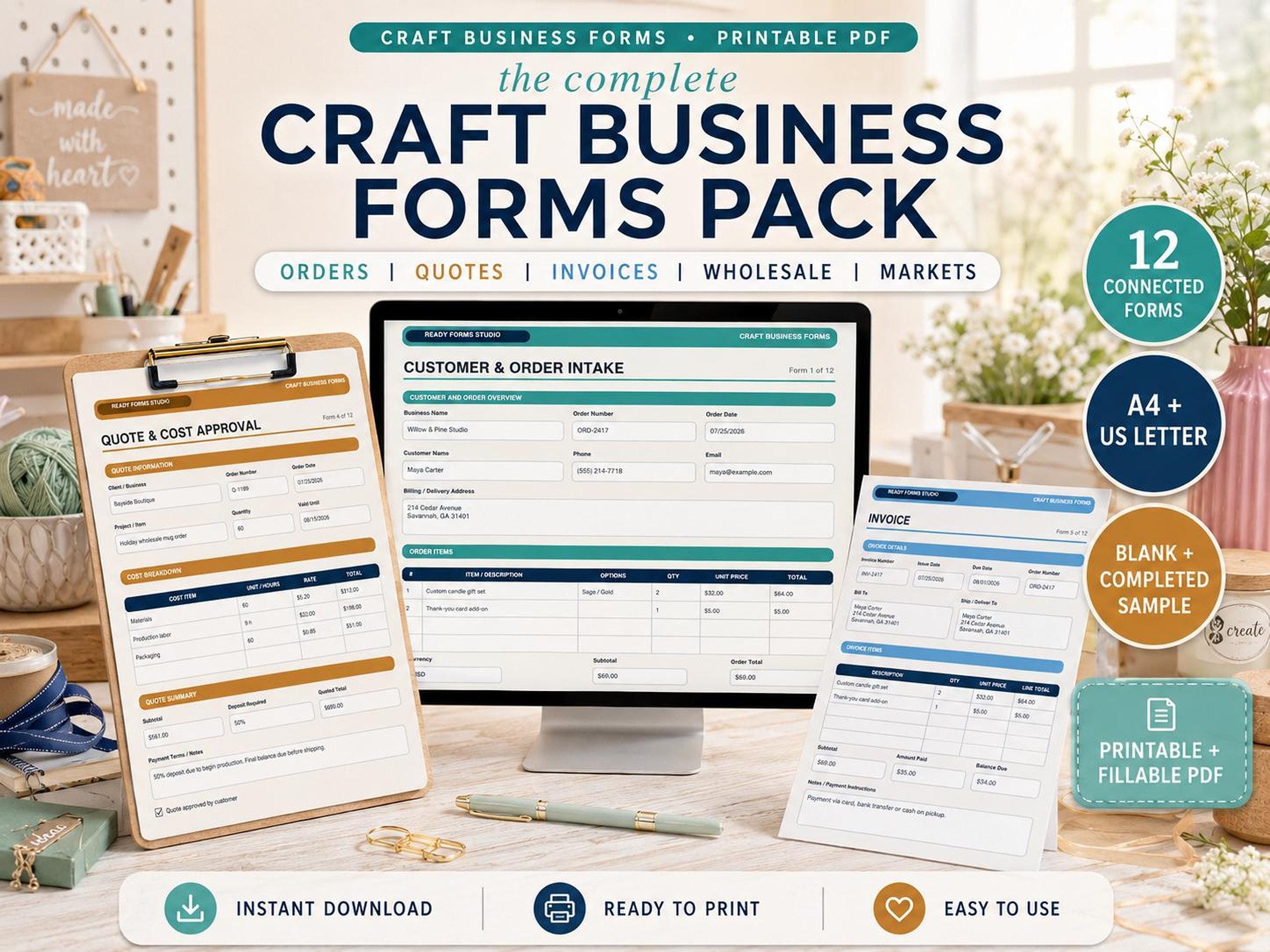 A laptop displays a "Customer & Order Intake" form, flanked by a clipboard with a "Quote & Cost Approval" form and a tablet showing an "Invoice" form, all on a wooden desk.