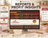 A laptop displays a "Reports & Profit Insights" spreadsheet with charts and data, on a kitchen counter with cookies and baking tools.