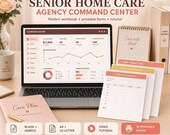 A laptop displaying a "Senior Home Care Agency Command Center" dashboard with charts and data, surrounded by printed forms, a mug, and a binder.