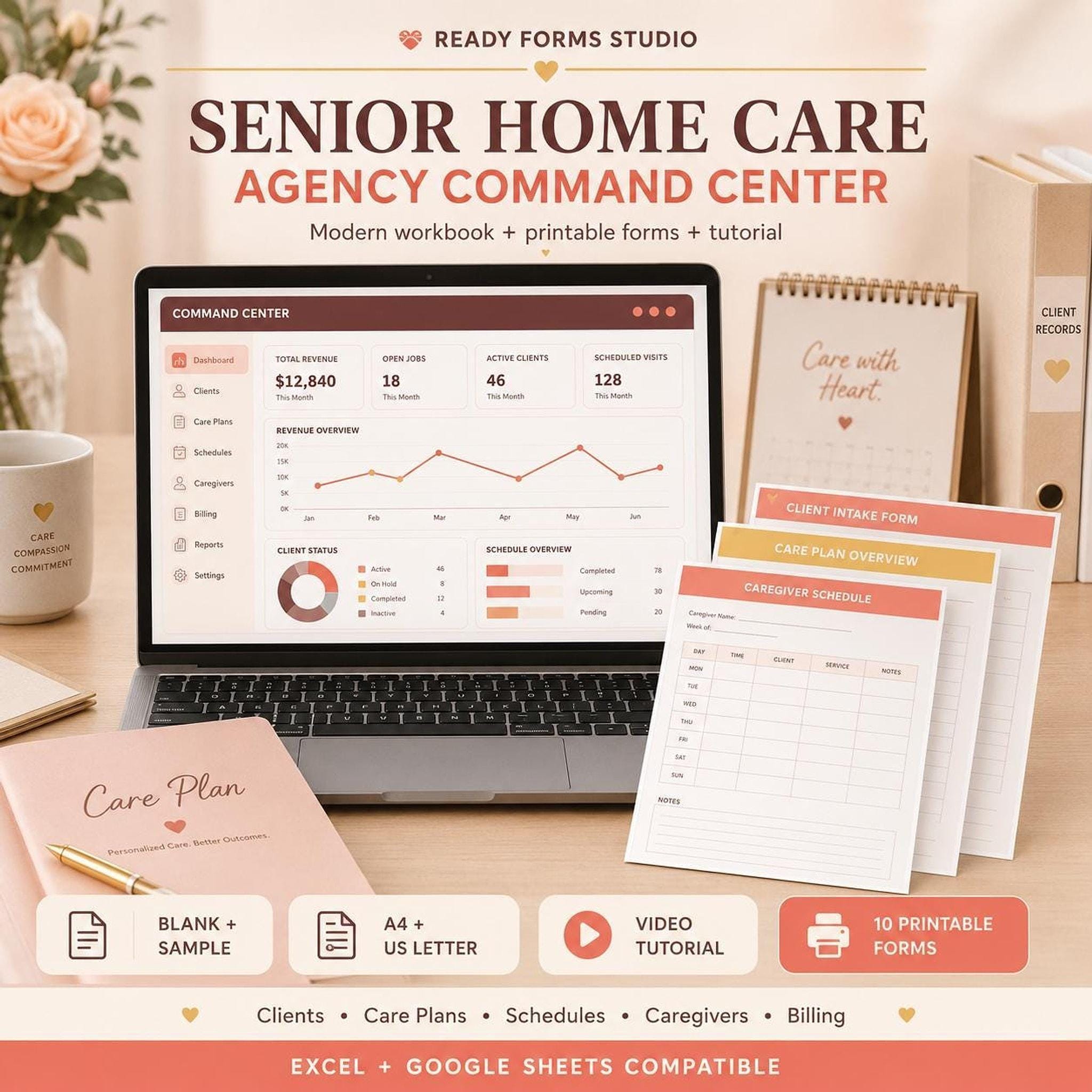 A laptop displaying a "Senior Home Care Agency Command Center" dashboard with charts and data, surrounded by printed forms, a mug, and a binder.