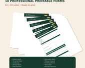 A stack of ten white printable forms, including guest checkout instructions, house rules, inventory, and cleaning checklists, are fanned out on a surface.