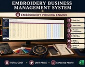 A monitor displays an "Embroidery Pricing Engine" spreadsheet, with a calculator, an embroidered hoop, fabric swatches, and a notebook on the desk.