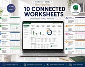 A desktop monitor displays a payroll system with 10 connected worksheets, showing a dashboard with charts and tables, next to a list of features.