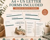 Various printed business forms and a guide are arranged on a surface next to a vase and a ceramic bowl.