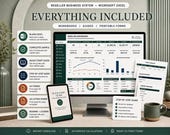 A desktop monitor displays a green and white Excel spreadsheet dashboard, with a tablet showing a "Quick Start Guide" and various printed forms on a desk.