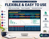 A desktop computer displays an Excel spreadsheet dashboard, with currency symbols from various countries around it, highlighting its multi-currency and flexible features.
