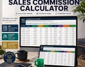 A desktop computer shows a sales commission calculator with a "Ready Commission" table, next to a tablet, a phone, and a mug.