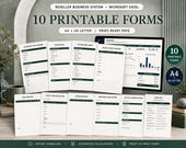 Ten printed forms, including "Sourcing Trip Planner" and "Sales Record," are arranged on a desk with a desktop monitor displaying a spreadsheet.
