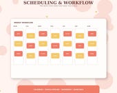A digital scheduling interface titled "Scheduling & Workflow" displaying a weekly calendar with colored blocks labeled "New," "Active," and "Done" for each day.