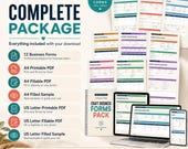 The complete craft business forms package is presented with a list of included items and digital devices displaying templates.