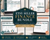 An overview of the Etsy Seller Finance Bundle showing four spreadsheet tools displayed on laptops for bookkeeping, fee calculation, expense tracking, and cash flow.