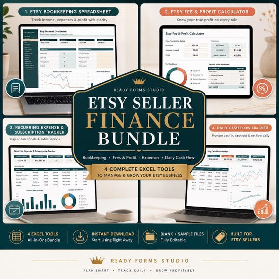 An overview of the Etsy Seller Finance Bundle showing four spreadsheet tools displayed on laptops for bookkeeping, fee calculation, expense tracking, and cash flow.