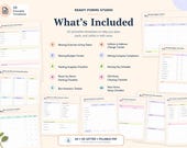 Informational graphic detailing the ten printable templates included in the moving planner with a numbered list and sample pages.