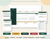 Multiple digital screens and paper forms displaying various pest control business spreadsheets and documents, arranged on a light green background.