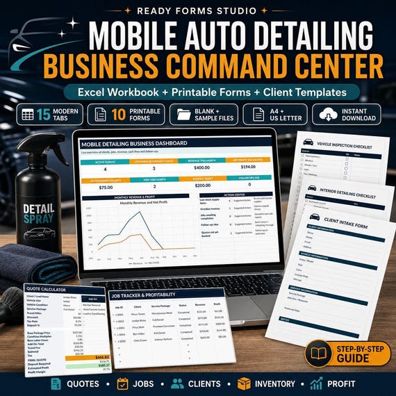 Mobile Auto Detailing Business Spreadsheet | Quote Calculator, Client CRM, Job Tracker, Invoice & Profit Dashboard