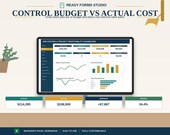 A laptop displays an Excel dashboard, with text overlays highlighting "Budget," "Actual," "Variance," and "Margin" figures.