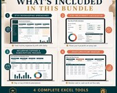 A product breakdown graphic showing the four components included in the bundle: bookkeeping spreadsheet, fee and profit calculator, expense tracker, and cash flow tracker.