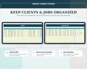 Two monitors display spreadsheets with columns for client CRM, recurring schedule, and job calendar, with text about keeping clients and jobs organized.