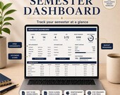 A laptop shows a "COLLEGE DASHBOARD" spreadsheet with sections for classes, assignments, GPA, budget, and habit progress, next to a pen and a notebook.