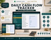 A desktop monitor shows an Excel spreadsheet titled "Daily Cash Flow Tracker" with a "Settings" tab open, displaying options for currency and cash management.