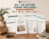 A collection of white paper forms and guides, including "Business Expenses Log," "Raw Material Inventory," and "Product Recipe (BOM)."