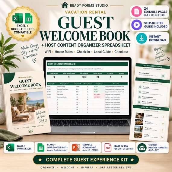 Editable Vacation Rental Welcome Book + Host Organizer Spreadsheet (Digital Download)
