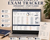 A laptop shows an "ASSIGNMENT + EXAM TRACKER" spreadsheet with sections for assignment overview, exam plan, and study plan, next to a pen and a notebook.