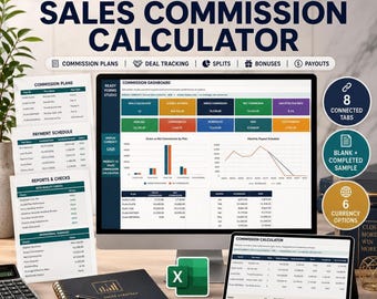 Verkoopcommissiecalculator in Excel: spreadsheets voor commissies, commissieschalen, betalingsschema en bonustracker.