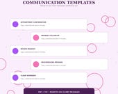A graphic titled "Communication Templates" listing five message types: "Appointment Confirmation," "Payment Follow-Up," "Review Request," "Rescheduling Message," and "Client Reminder."