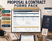 A monitor displays a "Project Completion & Acceptance" form, with a tablet showing the same form, and a dark blue binder labeled "Project Complete."