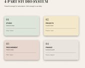 Four pastel-colored rectangular cards are arranged in a grid, labeled "Studio," "Projects," "Procurement," and "Finance," each with a brief description.