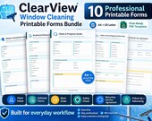 A stack of five white printable forms, including "Window Cleaning Work Order," "Client & Property Intake," and "Ladder, Access & Equipment Safety Check," with text indicating "10 Professional Printable Forms."