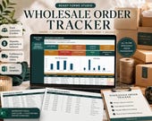 A laptop displays a "Wholesale Order Tracker" spreadsheet with charts and data, surrounded by cardboard boxes, a candle, and a mug.