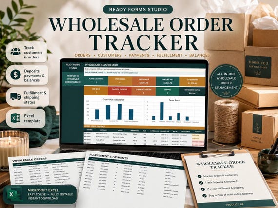 Wholesale Order Tracker in Excel: Customer Order Sheet, Order Status, Fulfillment and Deposit Tracker Spreadsheets