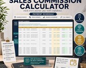 A desktop computer shows a sales commission calculator with a "Payment Schedule" table, next to a tablet, a phone, and a mug.