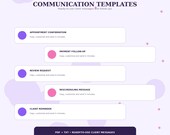 A digital screen titled "Communication Templates" lists five templates: Appointment Confirmation, Payment Follow-up, Review Request, Rescheduling Message, and Client Reminder.