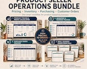 A promotional graphic for a product seller operations bundle showing previews of Excel spreadsheets for pricing, inventory, purchase orders, and forms.